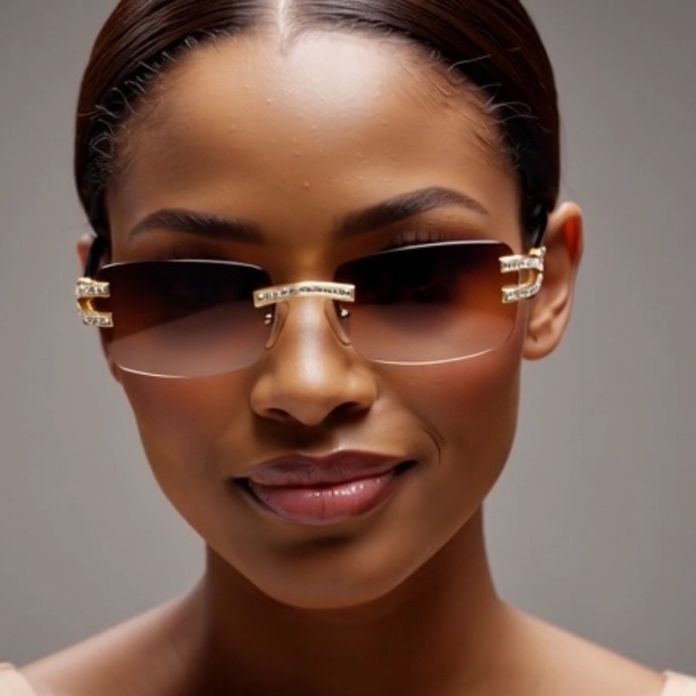 Rimmed Detail Rimless Sunglasses Brown Gradient Lens Women Sophisticated Outdoor